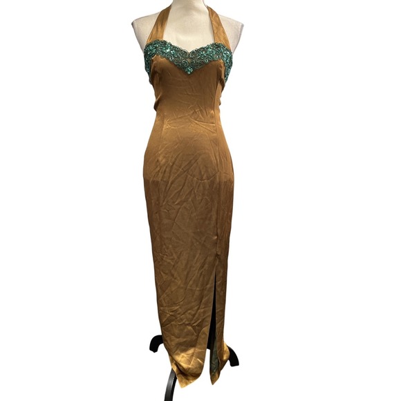 Jessica McClintock Dresses & Skirts - Vintage Jessica McClintock Gunne Sax‎ Y2K Dress 7/8 Gold Slip Maxi Halter Beaded
